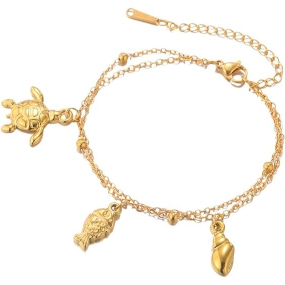 Clownfish Conch Turtle Gold Color Stainless Steel Ocean Charm Bracelet